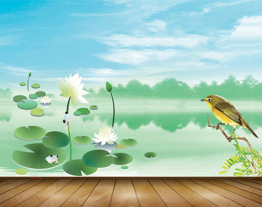 Avikalp MWZ0469 Bird White Lotus Flowers River Sky Trees 3D HD Wallpaper