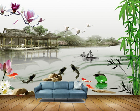 Avikalp MWZ0471 Pink White Lotus Flowers Fishes Boats House Trees HD Wallpaper