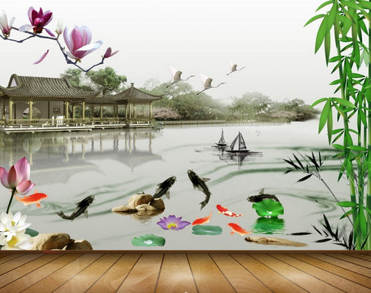 Avikalp MWZ0471 Pink White Lotus Flowers Fishes Boats House Trees 3D HD Wallpaper