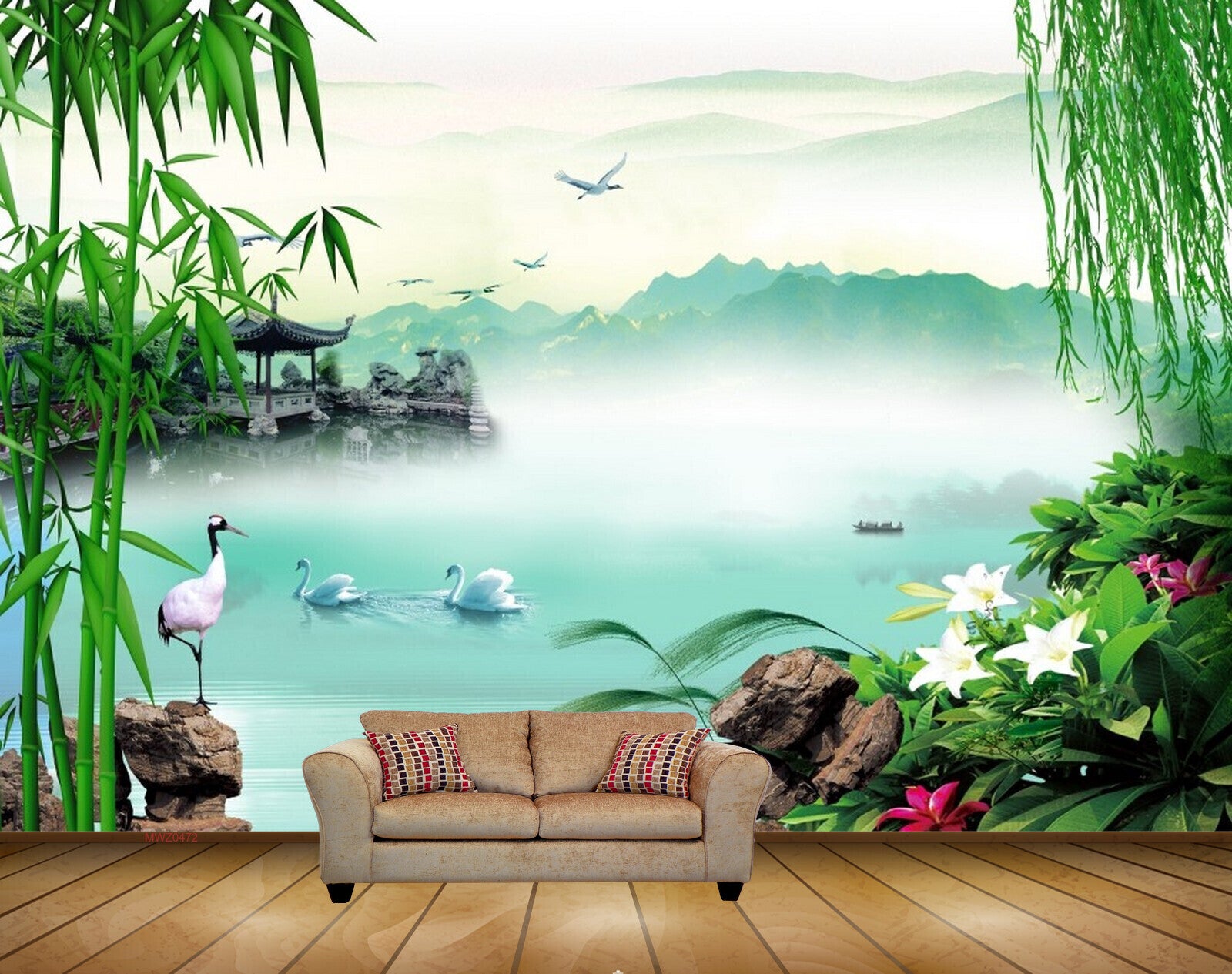 Avikalp MWZ0472 Swan Ducks Birds White Pink Flowers Stones Trees River 3D HD Wallpaper Avikalp MWZ0472 Swan Ducks Birds White Pink Flowers Stones Trees River 3D HD Wallpaper