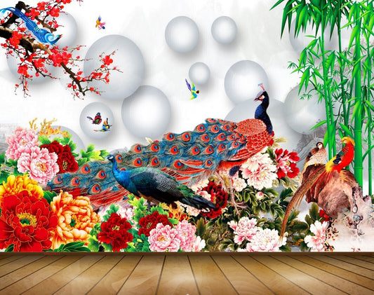 Avikalp MWZ0473 Peacocks Birds Red Pink Yellow Flowers Trees 3D HD Wallpaper