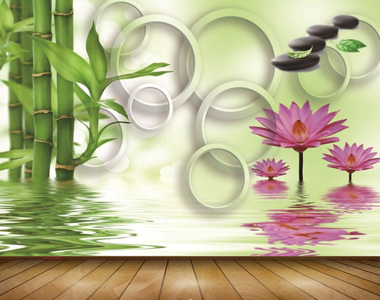 Avikalp MWZ0476 Pink Lotus Flowers Stones Trees 3D HD Wallpaper