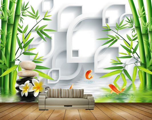 Avikalp MWZ0477 White Flowers Fishes Trees Stones HD Wallpaper