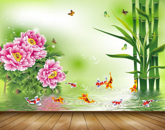 Avikalp MWZ0480 Pink Flowers Butterflies Fishes Trees River 3D HD Wallpaper