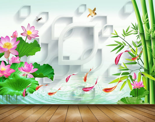 Avikalp MWZ0486 Pink Flowers Water Fishes Treses 3D HD Wallpaper