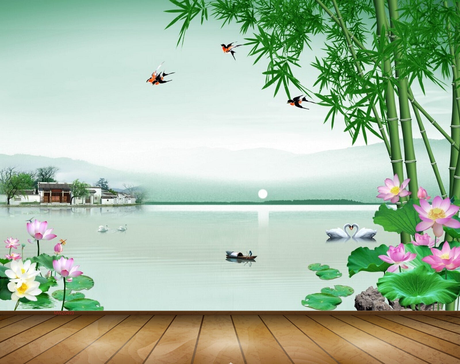 Avikalp MWZ0493 Pink White Lotus Flowers Trees River Birds 3D HD Wallpaper Avikalp MWZ0493 Pink White Lotus Flowers Trees River Birds 3D HD Wallpaper