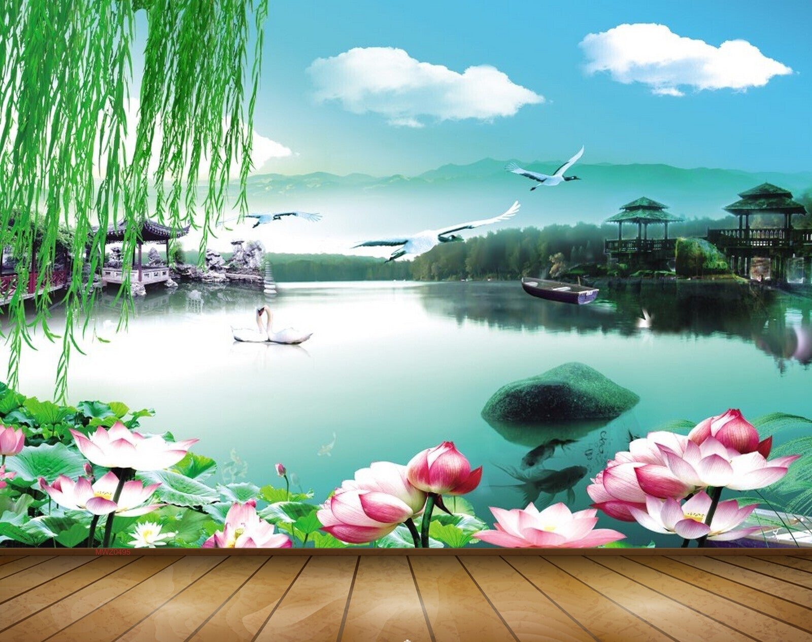 Avikalp MWZ0495 Pink White Lotus Birds River Clouds 3D HD Wallpaper Avikalp MWZ0495 Pink White Lotus Birds River Clouds 3D HD Wallpaper