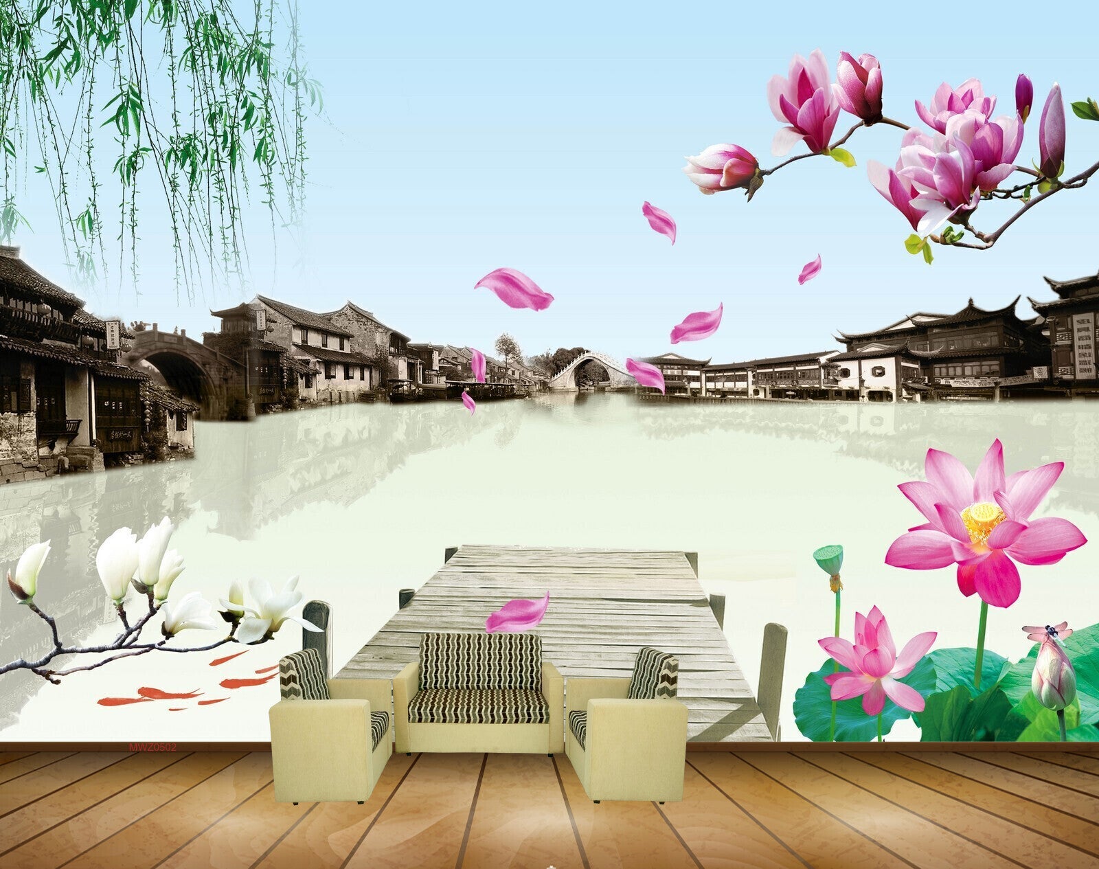 Avikalp MWZ0502 Pink Lotus Flowers Fishes Houses River HD Wallpaper Avikalp MWZ0502 Pink Lotus Flowers Fishes Houses River HD Wallpaper
