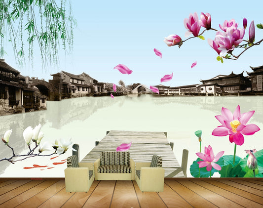 Avikalp MWZ0502 Pink Lotus Flowers Fishes Houses River HD Wallpaper