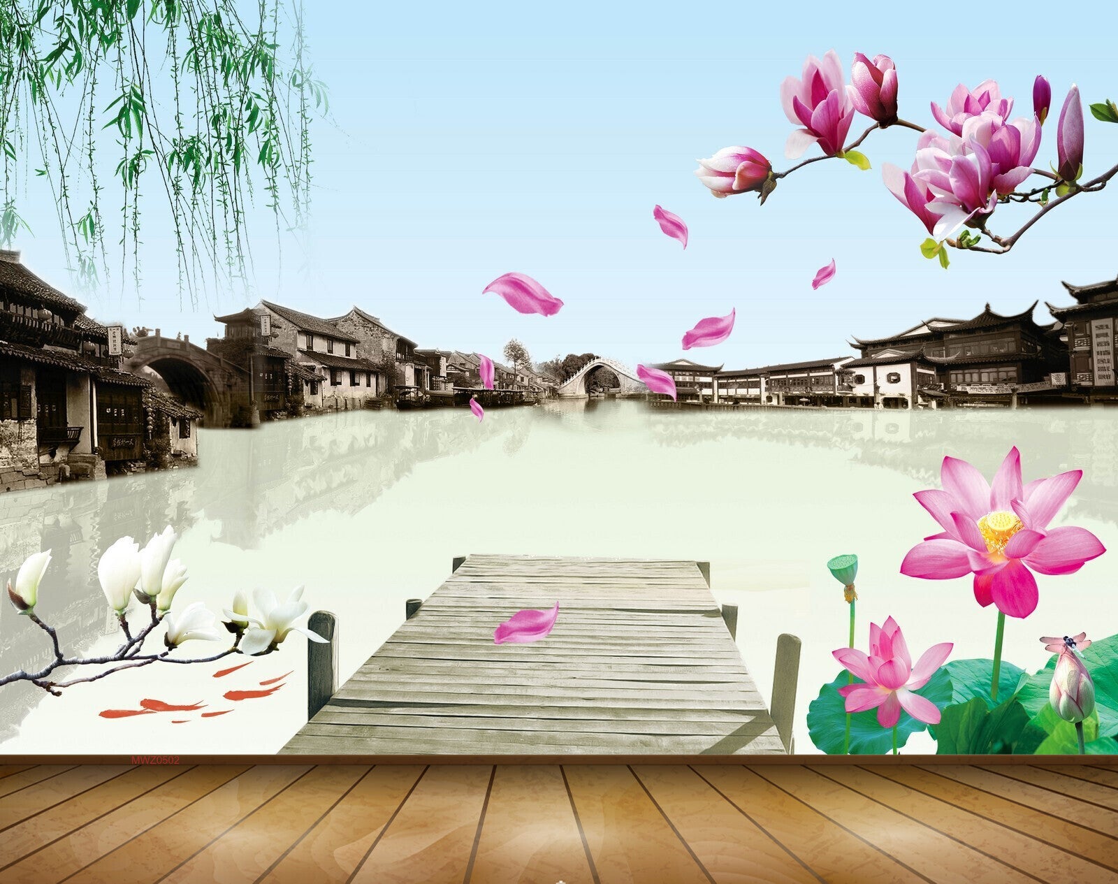 Avikalp MWZ0502 Pink Lotus Flowers Fishes Houses River 3D HD Wallpaper Avikalp MWZ0502 Pink Lotus Flowers Fishes Houses River 3D HD Wallpaper