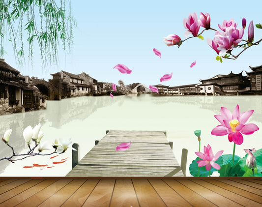 Avikalp MWZ0502 Pink Lotus Flowers Fishes Houses River 3D HD Wallpaper