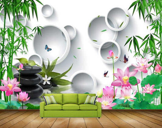 Avikalp MWZ0508 Pink White Lotus Flowers Plants Butterflies Stones HD Wallpaper