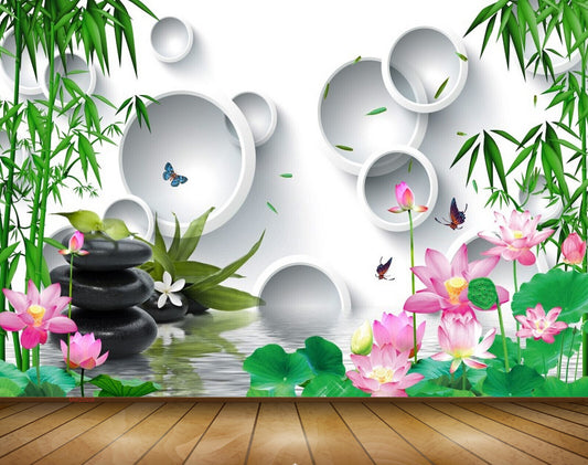 Avikalp MWZ0508 Pink White Lotus Flowers Plants Butterflies Stones 3D HD Wallpaper