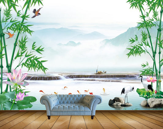 Avikalp MWZ0511 White Pink Lotus Flowers Swans Stones Fishes Birds Plants HD Wallpaper