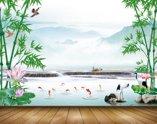 Avikalp MWZ0511 White Pink Lotus Flowers Swans Stones Fishes Birds Plants 3D HD Wallpaper