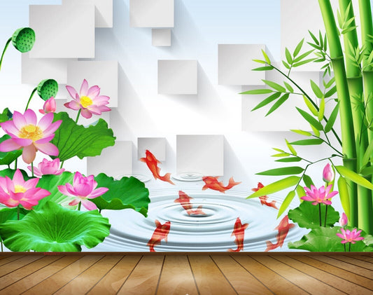Avikalp MWZ0517 Pink Lotus Flowers Fishes Plants 3D HD Wallpaper