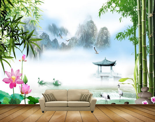 Avikalp MWZ0527 Pink Lotus Flowers Ducks Trees Birds HD Wallpaper