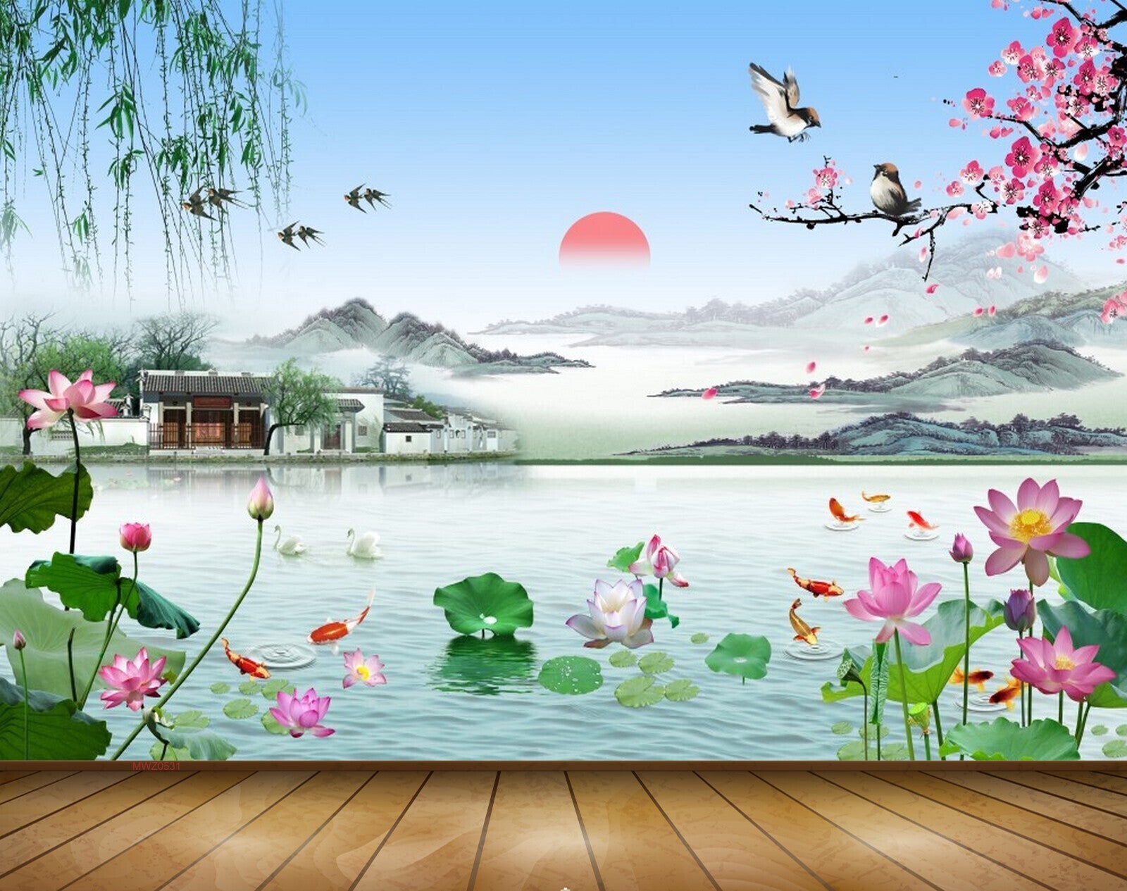 Avikalp MWZ0531 Pink Lotus Flowers Fishes Houses Birds Sun 3D HD Wallpaper Avikalp MWZ0531 Pink Lotus Flowers Fishes Houses Birds Sun 3D HD Wallpaper