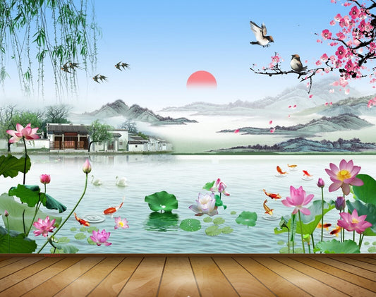 Avikalp MWZ0531 Pink Lotus Flowers Fishes Houses Birds Sun 3D HD Wallpaper