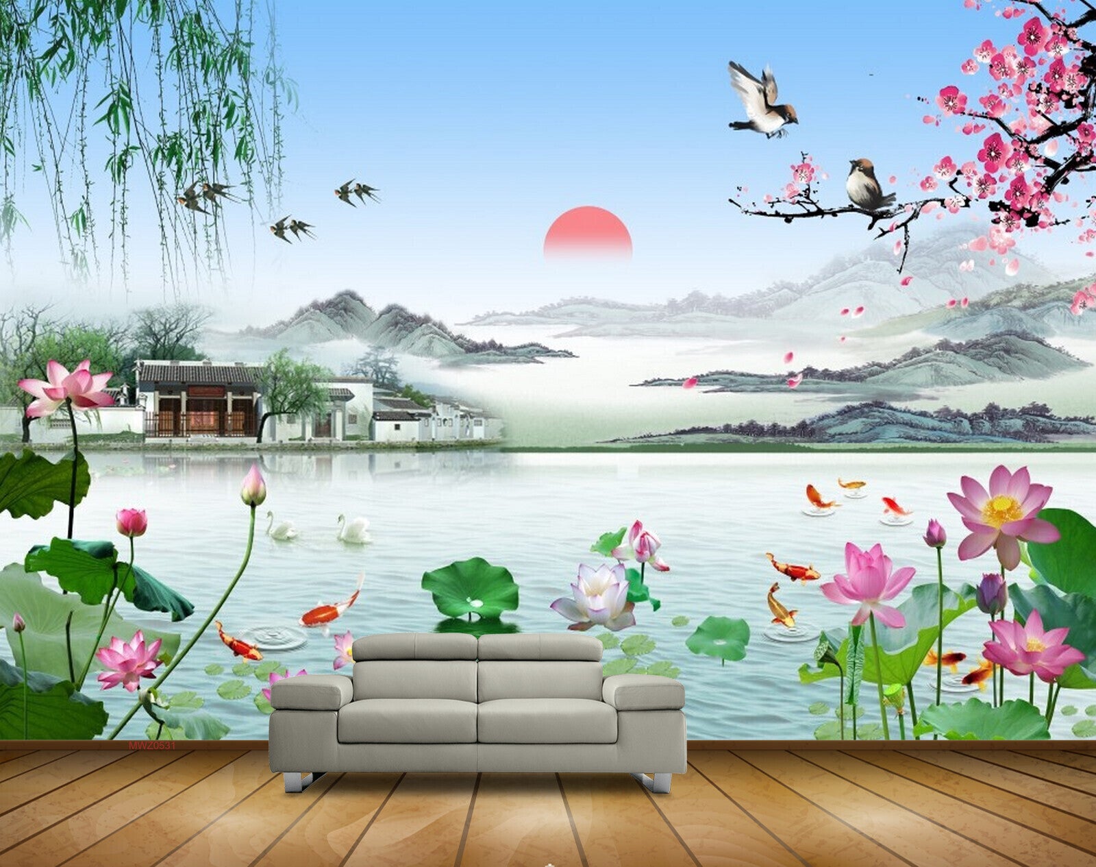 Avikalp MWZ0531 Pink Lotus Flowers Fishes Houses Birds Sun 3D HD Wallpaper Avikalp MWZ0531 Pink Lotus Flowers Fishes Houses Birds Sun 3D HD Wallpaper