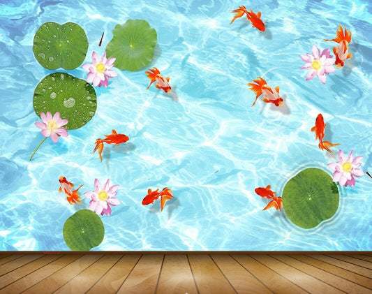 Avikalp MWZ0534 Pink Lotus Flowers Fishes Leaves 3D HD Wallpaper