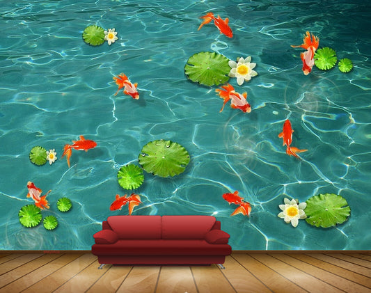 Avikalp MWZ0535 White Lotus Flowers Fishes HD Wallpaper