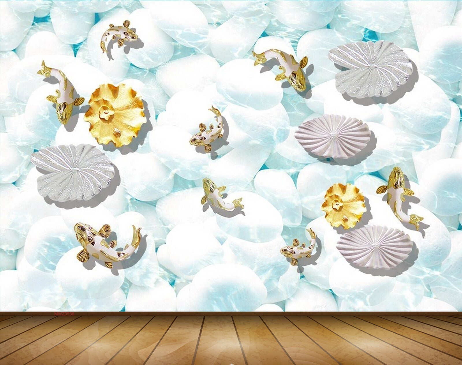 Avikalp MWZ0536 White Golden Flowers Fishes 3D HD Wallpaper Avikalp MWZ0536 White Golden Flowers Fishes 3D HD Wallpaper