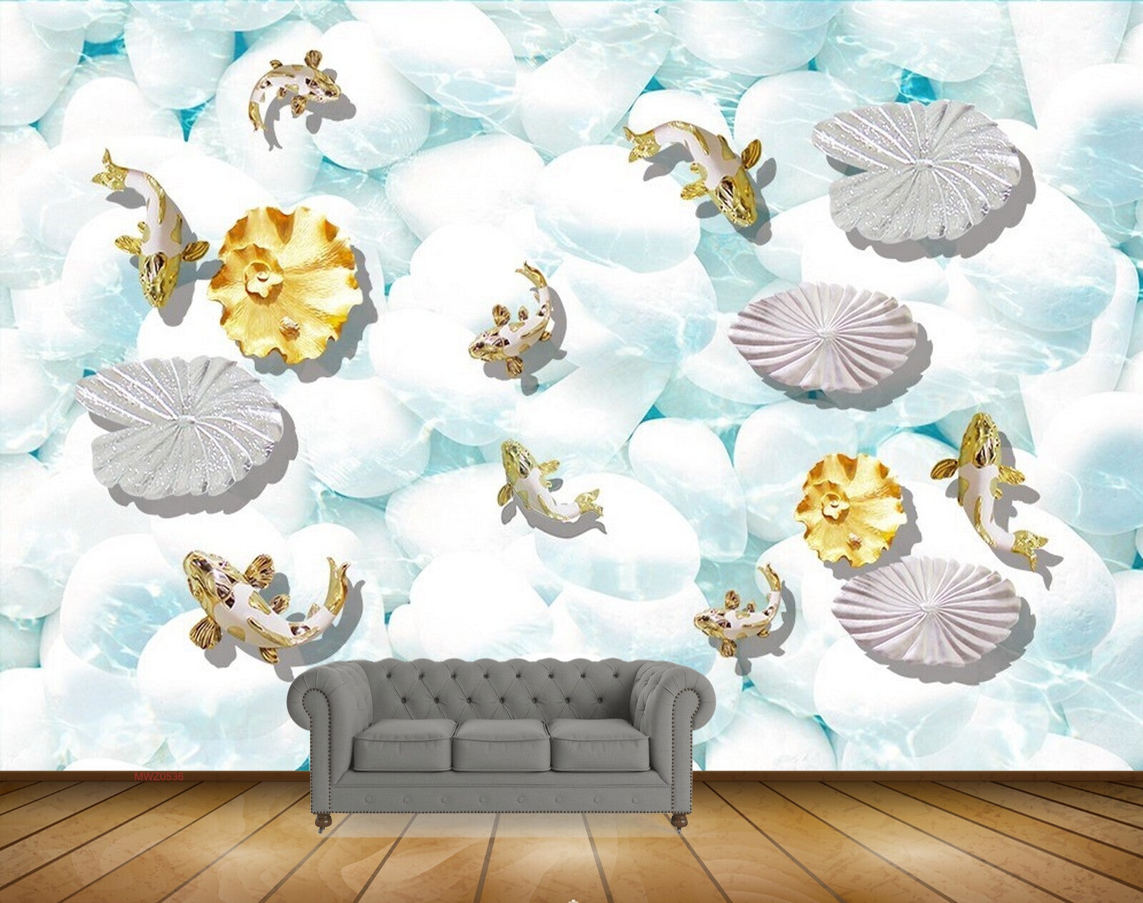 Avikalp MWZ0536 White Golden Flowers Fishes 3D HD Wallpaper Avikalp MWZ0536 White Golden Flowers Fishes 3D HD Wallpaper