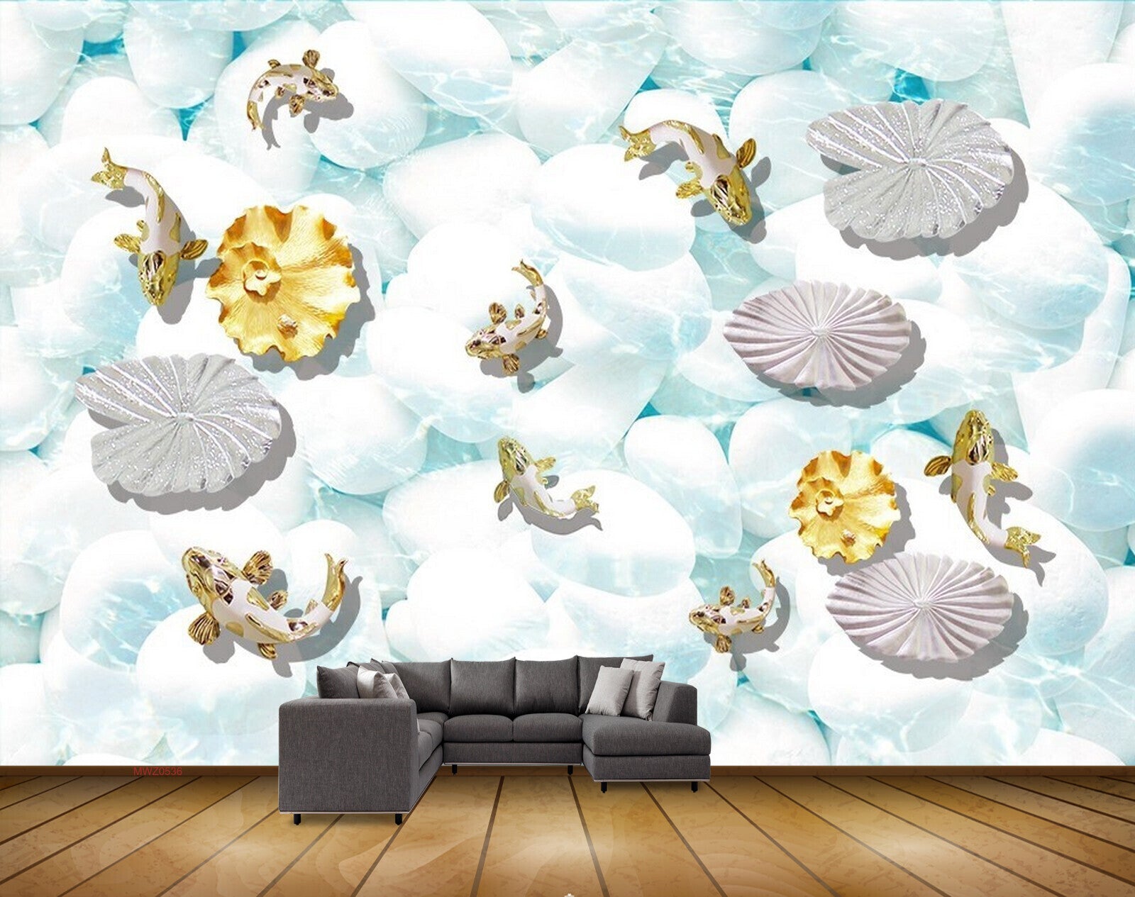 Avikalp MWZ0536 White Golden Flowers Fishes 3D HD Wallpaper Avikalp MWZ0536 White Golden Flowers Fishes 3D HD Wallpaper