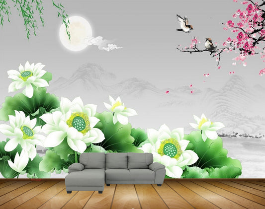 Avikalp MWZ0541 White Pink Flowers Moon Birds Leaves HD Wallpaper