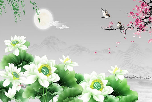 Avikalp MWZ0541 White Pink Flowers Moon Birds Leaves 3D HD Wallpaper