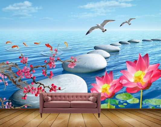 Avikalp MWZ0543 Pink Flowers Stones Fishes Birds HD Wallpaper