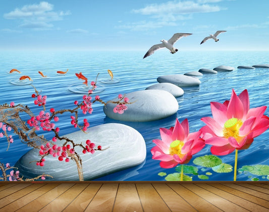 Avikalp MWZ0543 Pink Flowers Stones Fishes Birds 3D HD Wallpaper