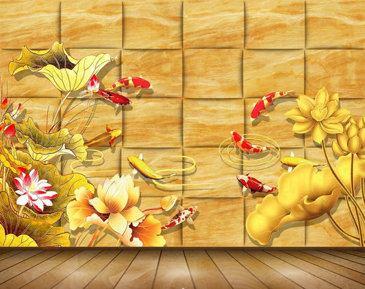 Avikalp MWZ0544 Yellow Pink Flowers Fishes 3D HD Wallpaper