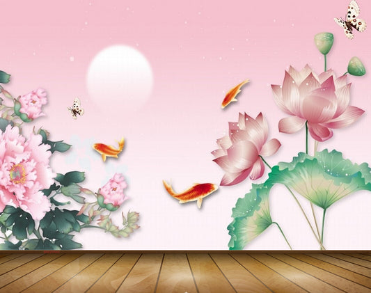 Avikalp MWZ0545 Pink Flowers Fishes Orange Butterflies 3D HD Wallpaper