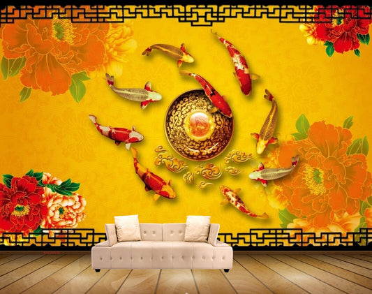 Avikalp MWZ0546 Red Flowers Fishes Leaves HD Wallpaper