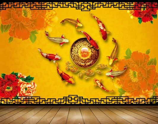 Avikalp MWZ0546 Red Flowers Fishes Leaves 3D HD Wallpaper