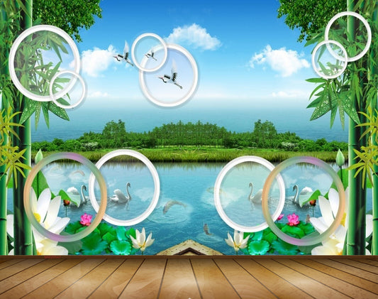 Avikalp MWZ0547 White Pink Flowers Ducks Birds Trees 3D HD Wallpaper