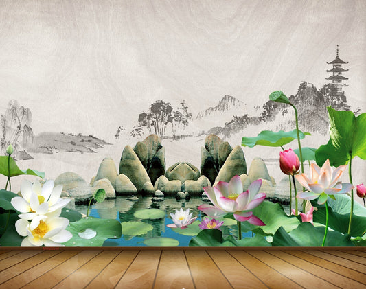 Avikalp MWZ0548 White Pink Flowers Leaves Stones 3D HD Wallpaper