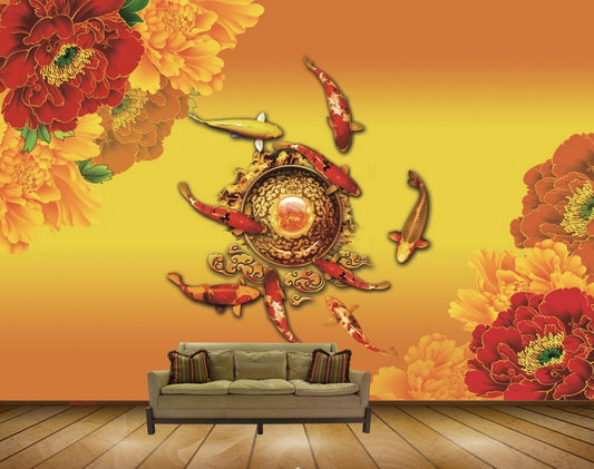 Avikalp MWZ0549 Red Orange Flowers Fishes HD Wallpaper