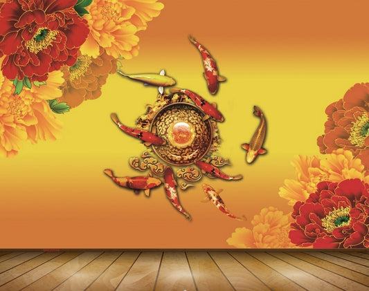 Avikalp MWZ0549 Red Orange Flowers Fishes 3D HD Wallpaper