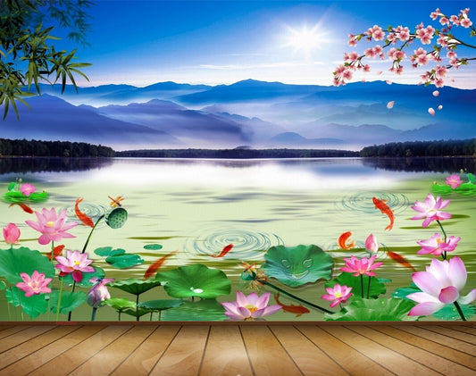 Avikalp MWZ0550 Pink Flowers Sun Fishes River 3D HD Wallpaper