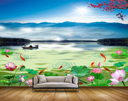 Avikalp MWZ0551 Pink Flowers Fishes Boat Sun Birds HD Wallpaper