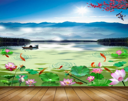 Avikalp MWZ0551 Pink Flowers Fishes Boat Sun Birds 3D HD Wallpaper