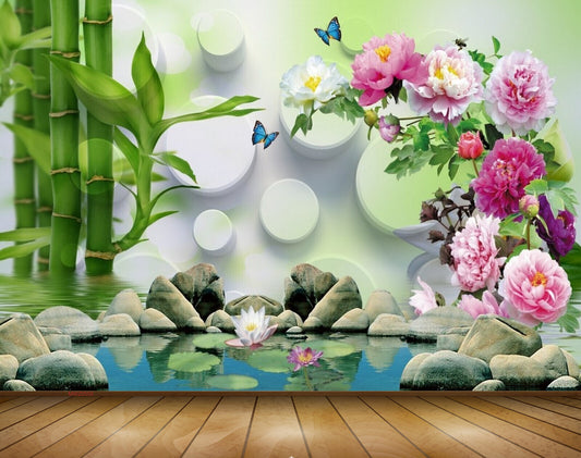 Avikalp MWZ0555 White Pink Flowers Stones Butterflies 3D HD Wallpaper