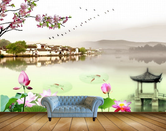 Avikalp MWZ0556 Pink White Flowers Birds Fishes Houses HD Wallpaper