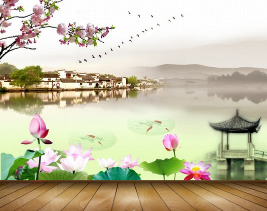 Avikalp MWZ0556 Pink White Flowers Birds Fishes Houses 3D HD Wallpaper