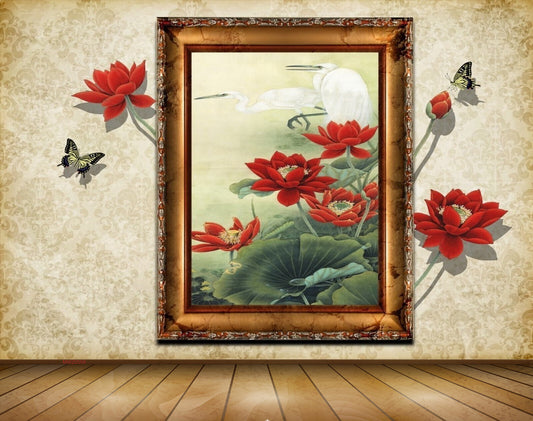 Avikalp MWZ0559 Red Flowers Butterflies Swan 3D HD Wallpaper