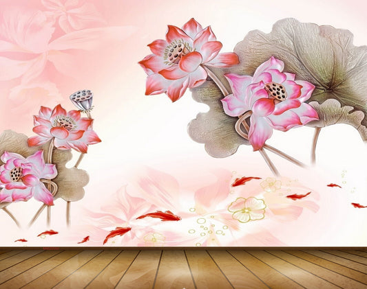 Avikalp MWZ0560 White Pink Flowers Leaves Fishes 3D HD Wallpaper