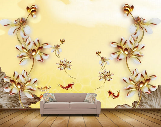 Avikalp MWZ0561 White Golden Flowers Fishes HD Wallpaper